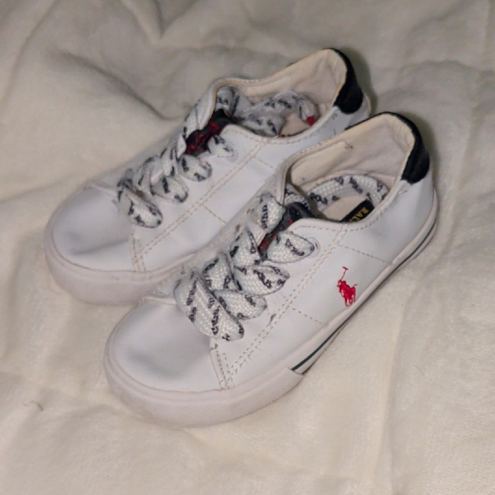 Ralph Lauren Kids White Leather Sneakers with Red Polo Emblem and Black Heel